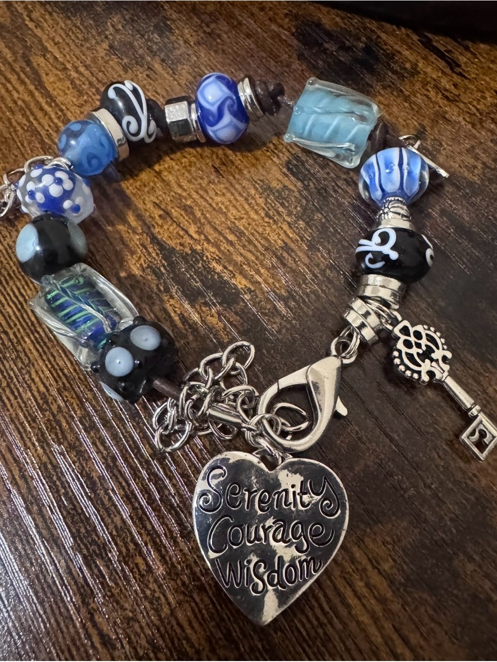 Glass Bead Charm Bracelet with Serenity Heart - Blue